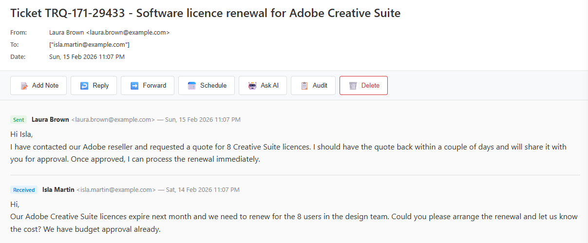 A FreeITSM ticket view showing the original Adobe Creative Suite renewal request from Isla Martin, with the analyst's first reply confirming a quote will be sent.