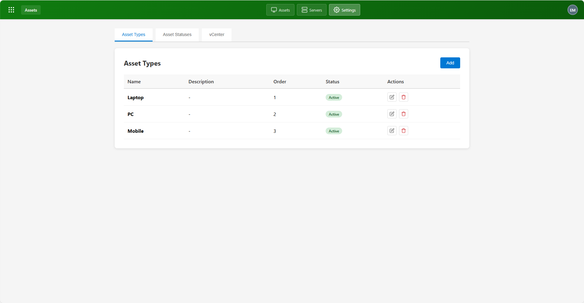 Assets module screenshot 2