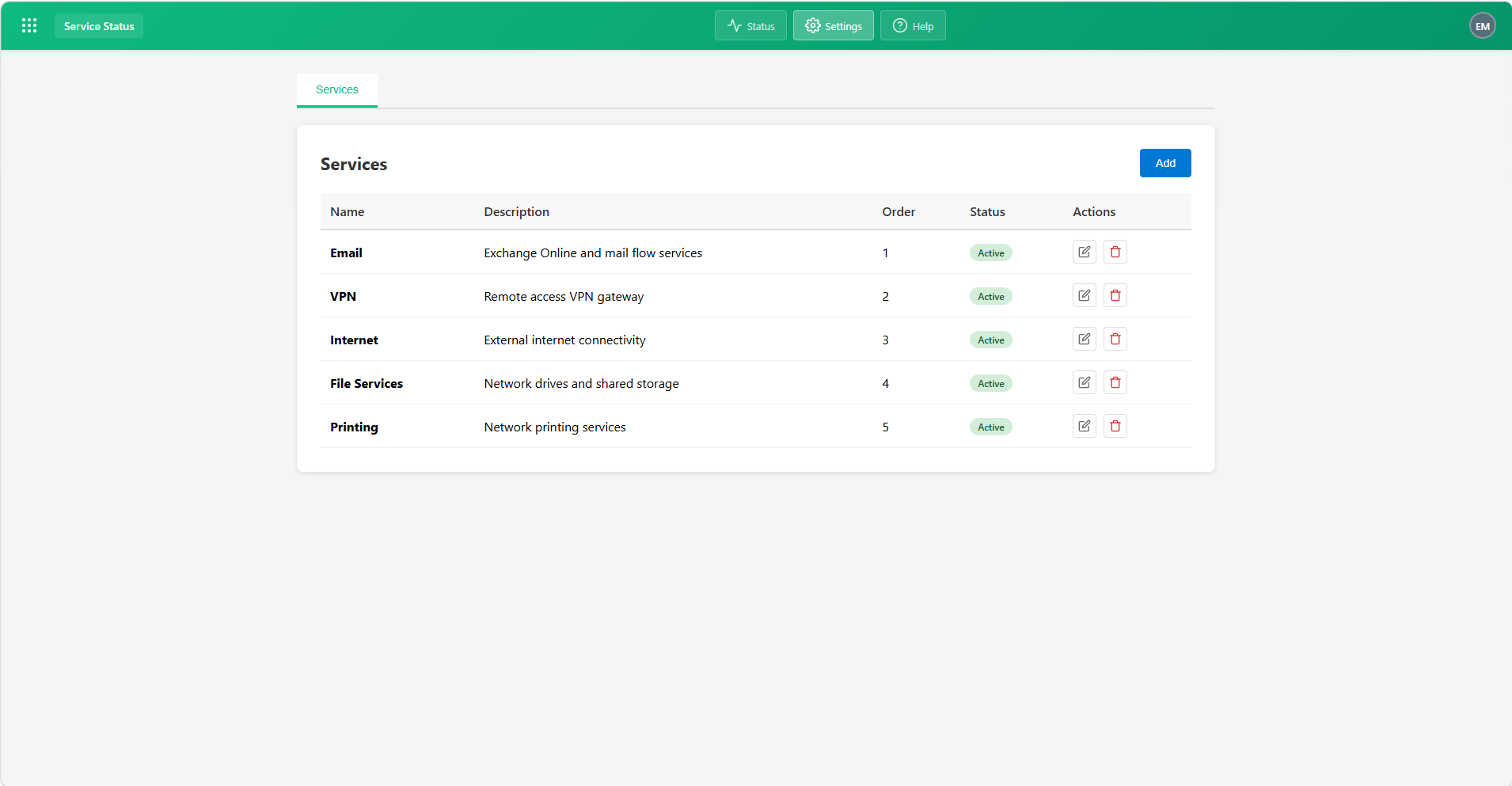 Service Status module screenshot 2